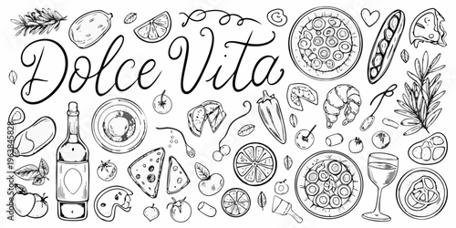 Dolce vita themed illustration featuring food drinks and decorative elements