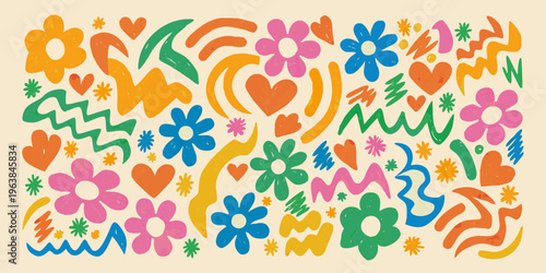 Colorful abstract floral and shape pattern with playful retro vibes