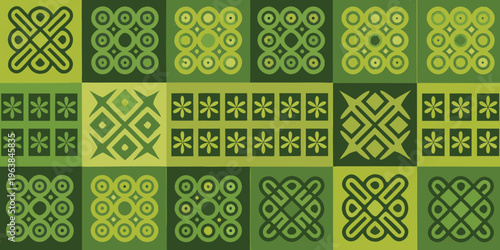 Geometric green patterns arranged in a tiled repeating background