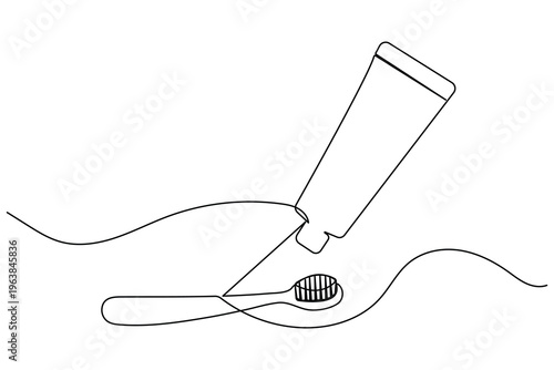 Toothpaste being squeezed onto a toothbrush in continuous one line drawing style on white