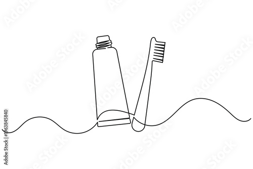 One line drawing of toothpaste tube and toothbrush for professional dentistry and oral care