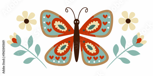 Stylized butterfly illustration with heart and floral patterns surrounded by foliage