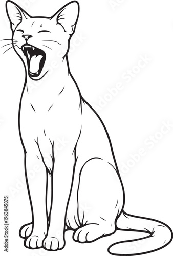 Savannah cat yawning line art illustration black and white sleepy feline sitting pose