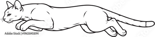 Savannah cat jumping mid air line art illustration black and white feline leap pose