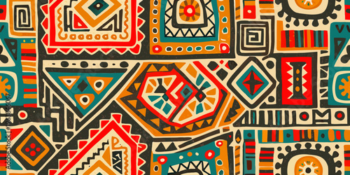 Colorful geometric patterns create a vibrant and intricate seamless design