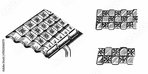 Sketch of traditional spanish roof tiles with floral and geometric designs