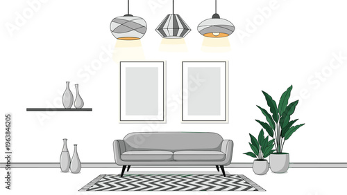 Modern living room interior featuring a grey sofa, pendant lights, blank picture frames, and potted plants for home design.