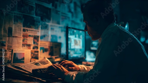 Focused researcher or investigator diligently working late at night, surrounded by crucial documents and glowing computer screen in a dim workspace