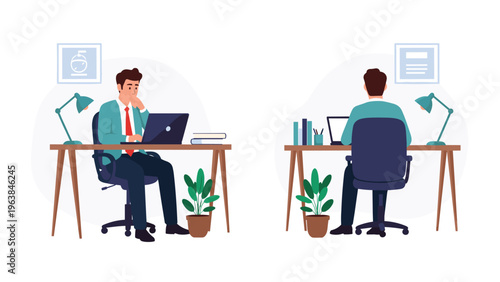 Comparison of a male employee working at an office desk from front and back view for workspace layout and interior design.