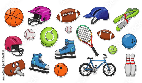 Colorful cartoon sports stickers collection with balls equipment and fitness elements for kids planner and scrapbook design