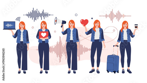 Red haired woman in a denim jacket showcasing different travel and lifestyle activities with luggage and technology.