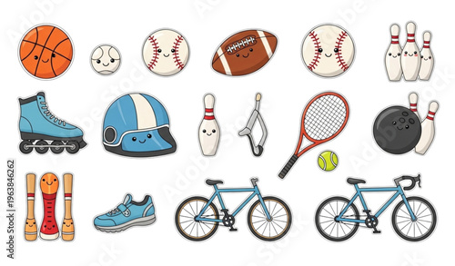 Cute sports sticker set with basketball football tennis cycling and fitness elements for planner and organizer design