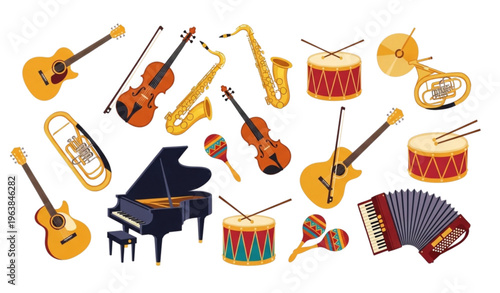 Colorful musical instruments cartoon collection with guitar piano saxophone violin and drum elements for creative design