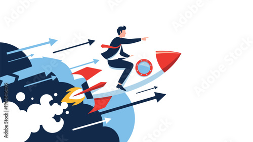Ambitious businessman in a suit flying through the sky while riding a fast rocket among various blue arrows pointing upwards for success.