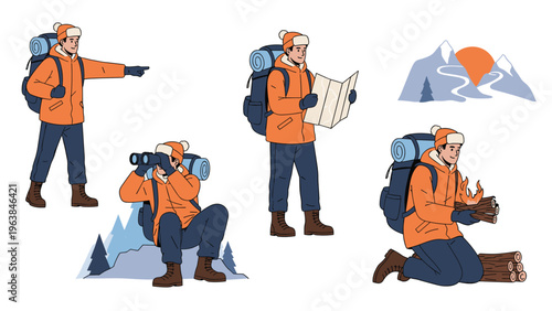 Male hiker in winter gear shown in various outdoor activities including pointing, using binoculars, reading a map, and gathering firewood.