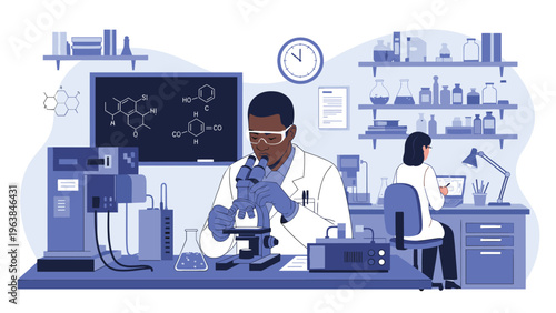 Male and female scientists working together in a modern research laboratory with microscopes, chemicals, and data analysis equipment.