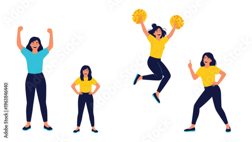 Collection of energetic young women in casual clothing celebrating with joy, jumping high, and using yellow pom-poms for cheering concepts.