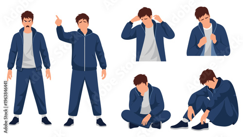 Young man in a blue tracksuit shown with various negative emotions like anger, sadness, frustration, and depression for mental health.