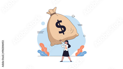 Determined professional woman carrying a heavy and oversized bag of money with a dollar sign on her back as a business metaphor for wealth.