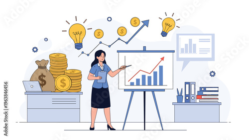 Professional businesswoman presenting financial growth charts and new ideas during a strategic company meeting with various data icons.