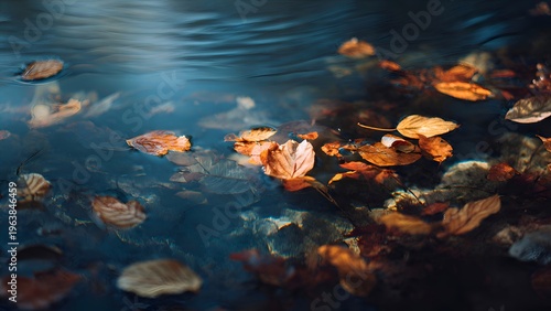 Vibrant autumnal leaves gently floating on a calm, dark water surface, capturing the serene beauty and reflective stillness of the changing season