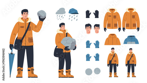 Detailed character kit for a male hiker in a winter jacket with different poses, facial expressions, glove colors, and weather icons set.
