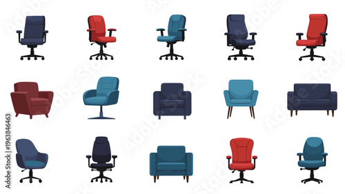 Collection of various office and lounge chairs in different styles and colors for interior design and workspace furniture planning assets.
