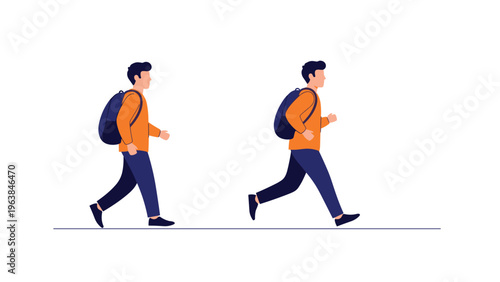 Young man in a yellow sweatshirt and blue backpack shown in both walking and running poses for travel, school, and commuting concepts.