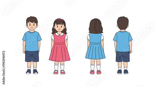 Young boy and girl shown from both front and back views wearing casual school clothes for character model sheet design and illustration.