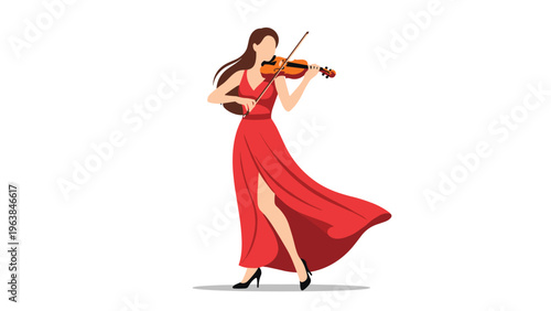 Elegant woman in a flowing red dress standing and playing the violin with grace and passion on a clean white background for performance.