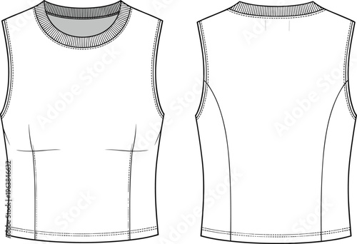 sleeveless tank top mockup, front and back view, ribbed collar design, casual apparel template, realistic clothing garment illustration