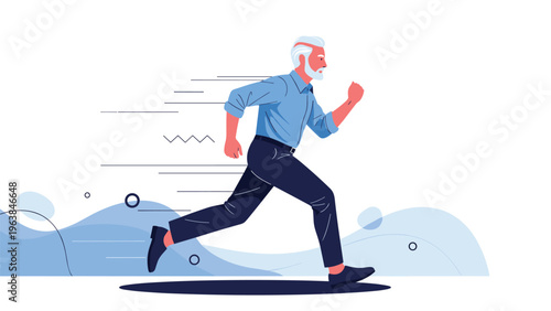 Athletic senior man with gray hair running fast with speed lines in the background representing health, fitness, and active aging concepts.