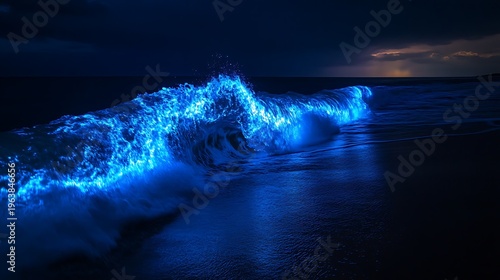 Glowing ocean wave cresting with vibrant blue light against a dark background