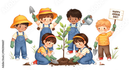 Joyful diverse children planting a tree together, celebrating nature's growth on Arbor Day and nurturing a greener planet for future generations