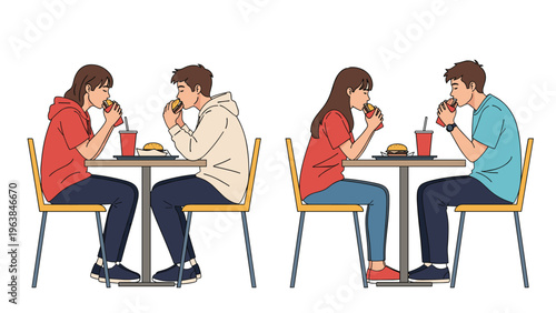 Two different couples sitting at tables in a fast food restaurant and enjoying burgers and sodas during a casual meal break together.