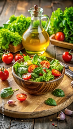 A photo of a fresh vegetable salad bowl filled with crisp lettuce leaves, cherry tomatoes, cucumbers, and bell peppers on a wooden cutting board next