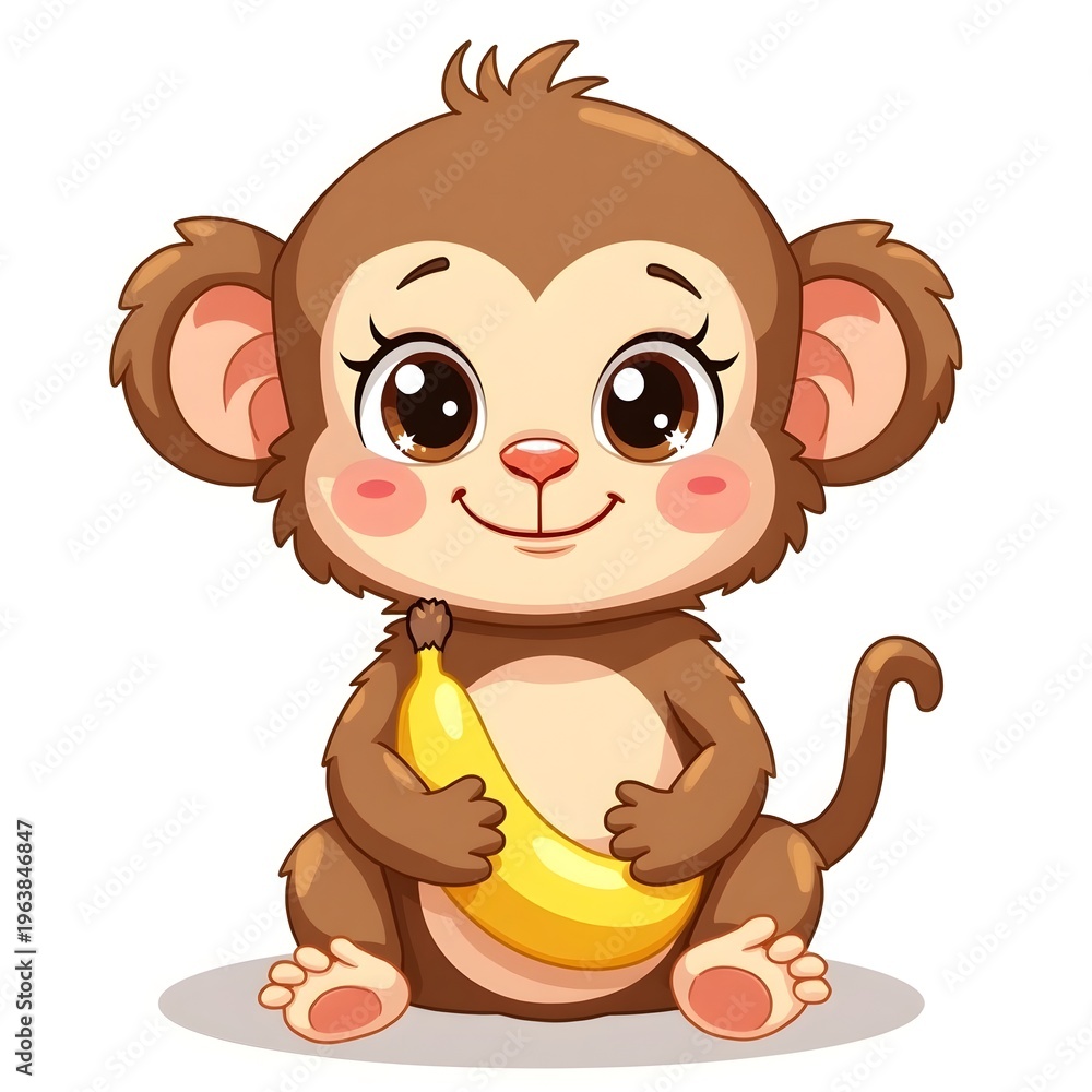 Fototapeta premium A cute cartoon monkey holding a banana and smiling sweetly