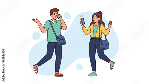 Young couple walking together while using their mobile phones and carrying shoulder bags on a blue abstract background.