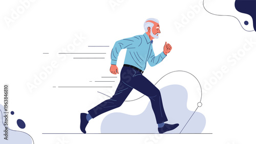 Active senior man with white hair and beard running fast through abstract shapes representing fitness and vitality.