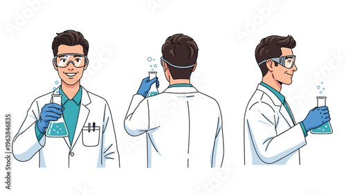 Professional male scientist in white lab coat holding a glass flask with blue liquid from front, back, and side views.