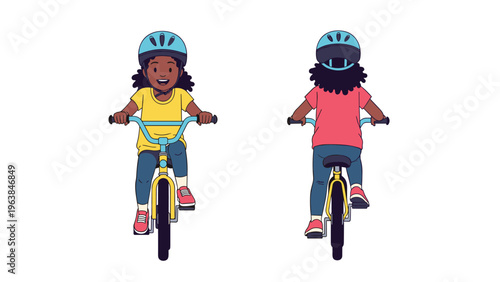 Young girl with dark curly hair wearing a helmet and riding a yellow bicycle shown from front and back perspectives.