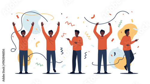 Group of happy men celebrating together with arms raised under falling confetti representing success and joy.