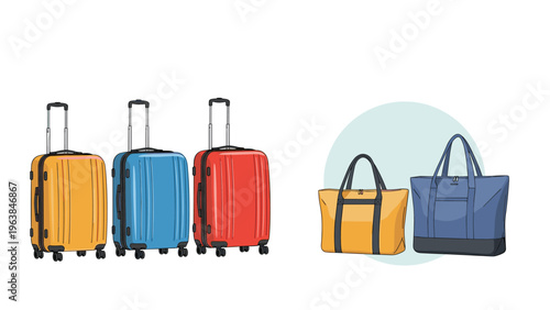 Collection of travel suitcases in yellow, blue, and red colors alongside two large duffel bags for vacation trips.