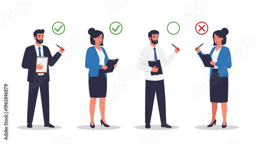 Business professionals holding clipboards and pens with green checkmarks and red cross symbols above their heads.