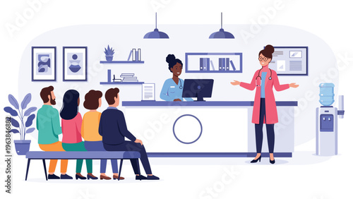 Healthcare clinic reception area with doctor talking to patients and nurse working at the counter in a modern hospital.