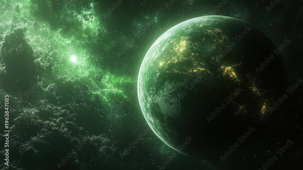 Fototapeta premium Cosmic view A green planet illuminated by a distant star, set amidst swirling nebulae