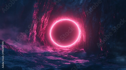 Glowing pink portal amidst rocky terrain creates abstract composition