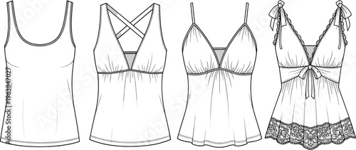 women camisole top set, lingerie nightwear silhouettes, sleeveless tank and lace babydoll designs, fashion apparel collection, isolated vector illustration