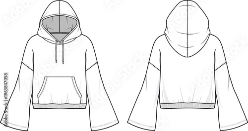 Women cropped hoodie technical drawing front back view, casual streetwear apparel template, modern fashion clothing design vector illustration mockup