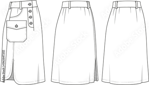 Women midi skirt technical drawing front side back view, button detail fashion apparel template, elegant clothing design vector illustration